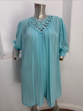 Lily Lynn Vintage 1960s Light Blue Pleated Tunic Decorative Neck Line Mini Dress